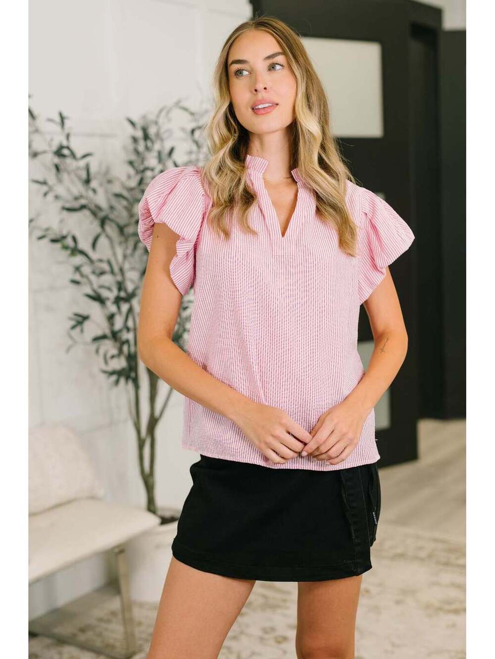 Beauty & Brains Textured Split Neck Blouse